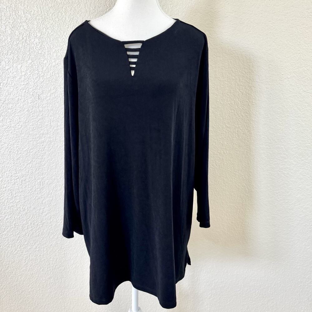 Chico’s Travelers Black Tunic Top Size 4 XXL Slinky Strappy Ladder Neck Long Slv